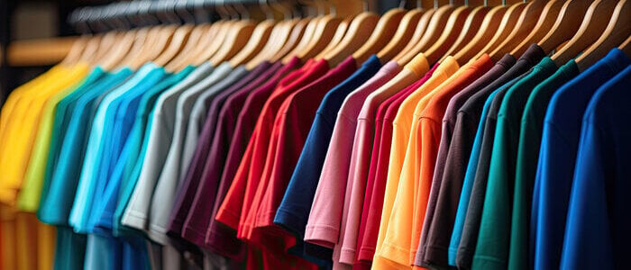 A row of colorful apparels hanging on wooden hangers in a closet. 