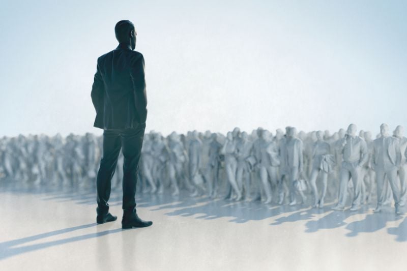 Man in front of thousands of human-like bodies