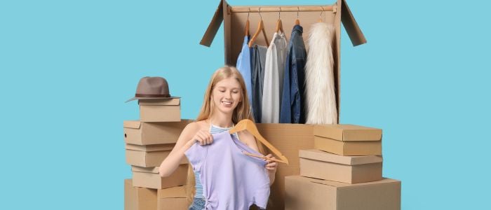 Woman puuting clothes on coat hanger with blue background
