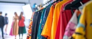 Rack of garment fashion clothing in photo shoot studio hero