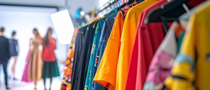 Rack of garment fashion clothing in photo shoot studio hero